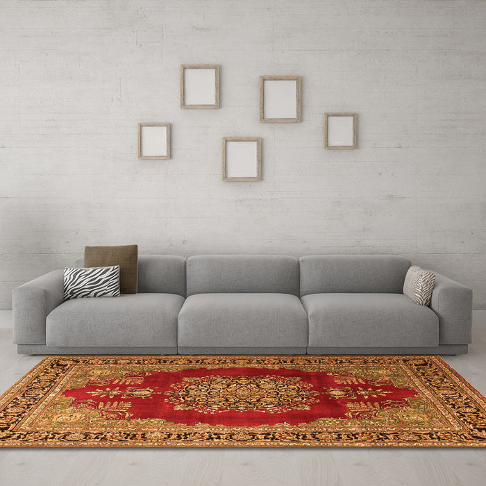 Machine Washable Medallion Orange Traditional Area Rugs in a Living Room, wshtr1079org