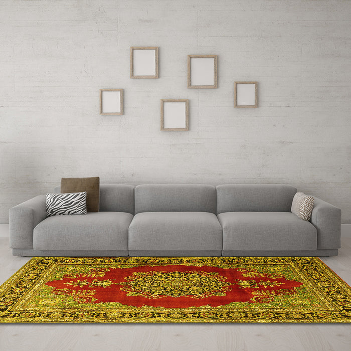 Machine Washable Medallion Yellow Traditional Rug in a Living Room, wshtr1079yw