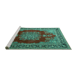 Sideview of Machine Washable Medallion Turquoise Traditional Area Rugs, wshtr1079turq