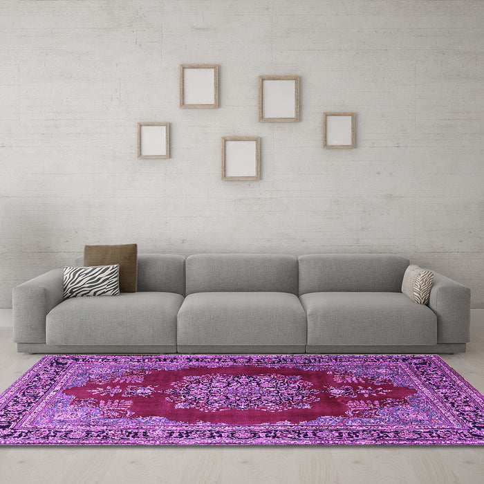 Machine Washable Medallion Purple Traditional Area Rugs in a Living Room, wshtr1079pur