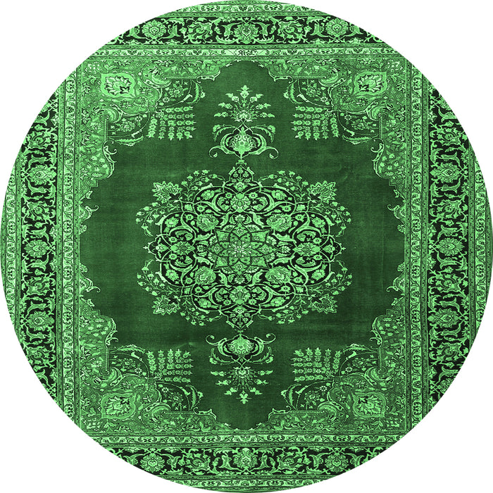 Round Machine Washable Medallion Emerald Green Traditional Area Rugs, wshtr1079emgrn