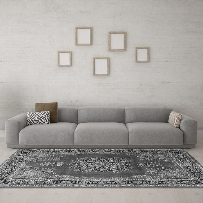 Machine Washable Medallion Gray Traditional Rug in a Living Room,, wshtr1079gry