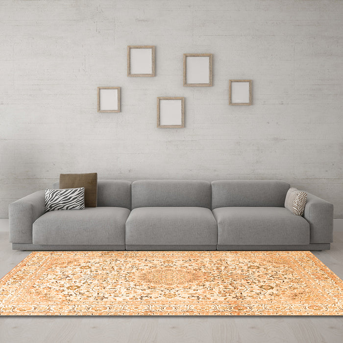 Machine Washable Medallion Orange Traditional Area Rugs in a Living Room, wshtr1080org