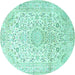 Round Machine Washable Medallion Turquoise Traditional Area Rugs, wshtr1080turq