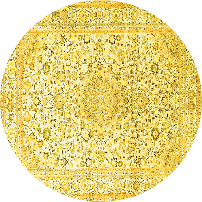 Round Machine Washable Medallion Yellow Traditional Rug, wshtr1080yw