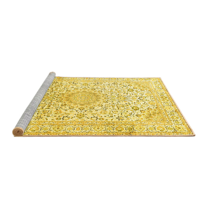 Sideview of Machine Washable Medallion Yellow Traditional Rug, wshtr1080yw