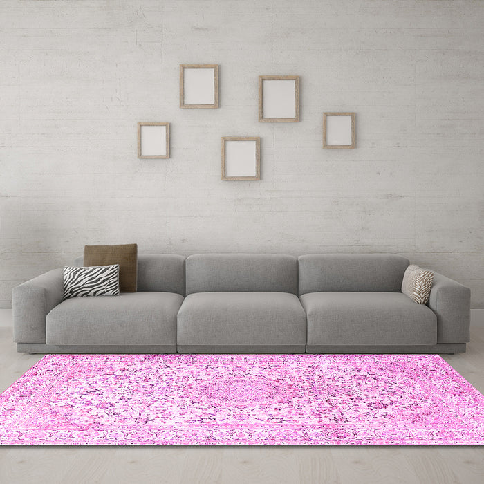 Machine Washable Medallion Pink Traditional Rug in a Living Room, wshtr1080pnk