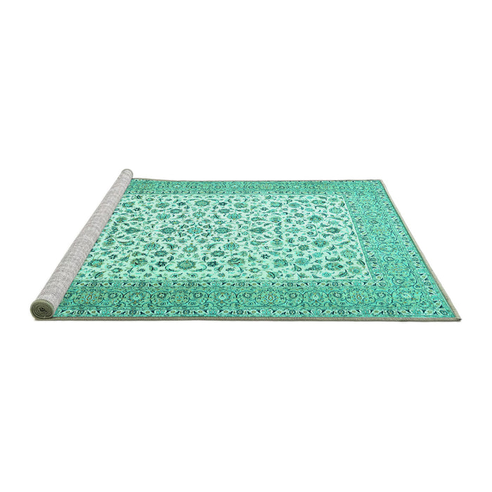 Sideview of Machine Washable Persian Turquoise Traditional Area Rugs, wshtr1081turq
