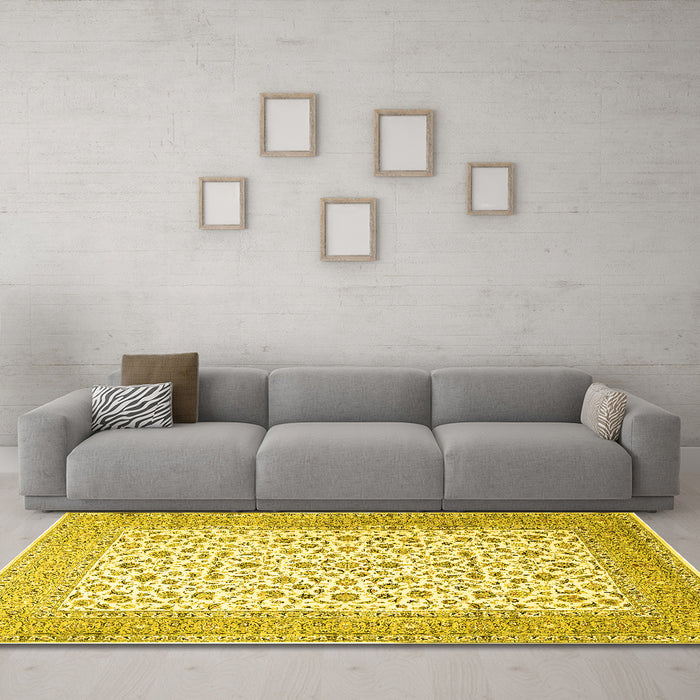 Machine Washable Persian Yellow Traditional Rug in a Living Room, wshtr1081yw