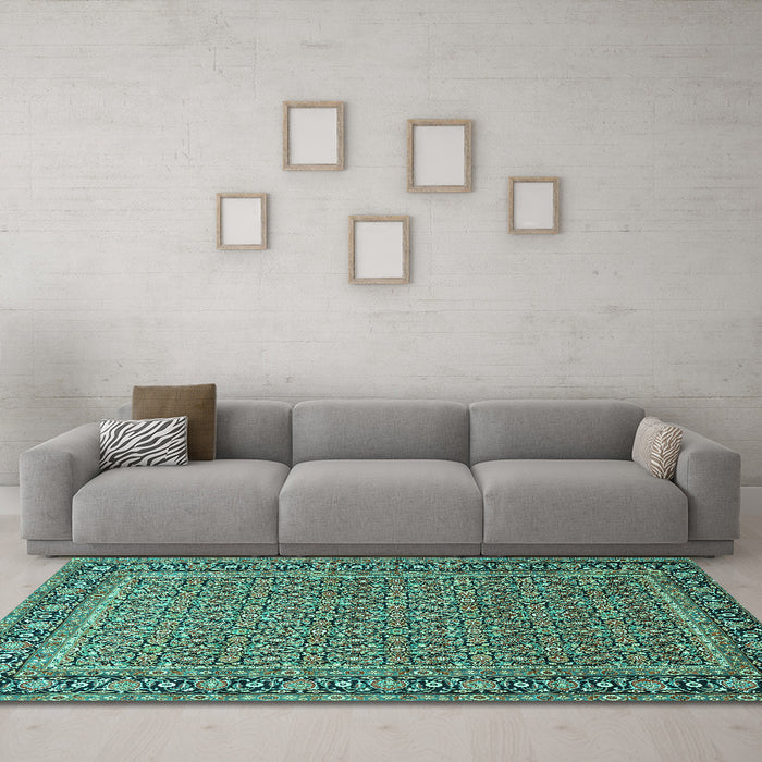 Machine Washable Persian Turquoise Traditional Area Rugs in a Living Room,, wshtr1082turq