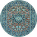 Round Machine Washable Medallion Light Blue Traditional Rug, wshtr1083lblu