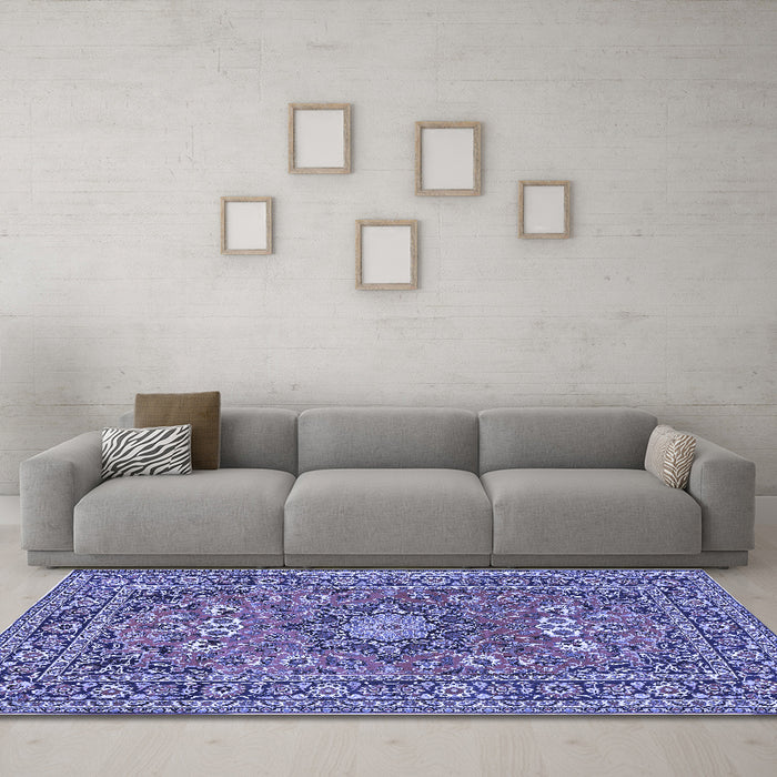 Machine Washable Medallion Blue Traditional Rug in a Living Room, wshtr1083blu