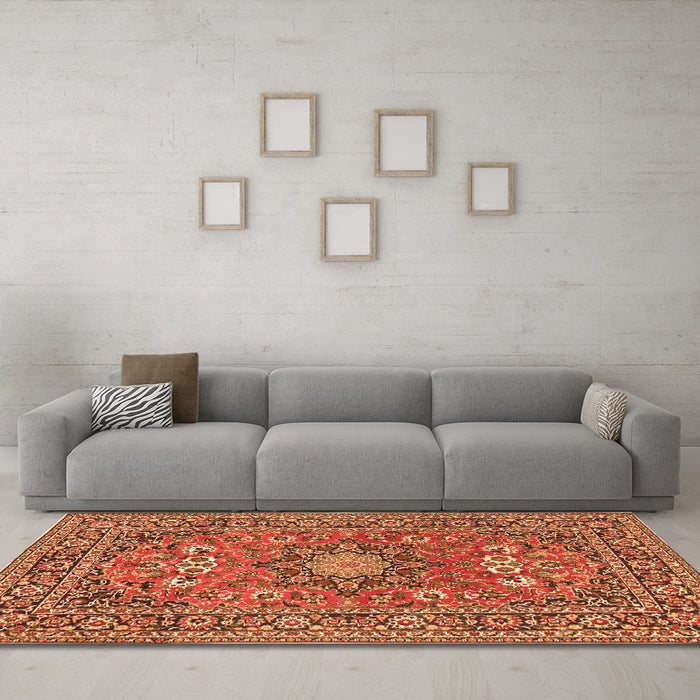 Machine Washable Medallion Orange Traditional Area Rugs in a Living Room, wshtr1083org