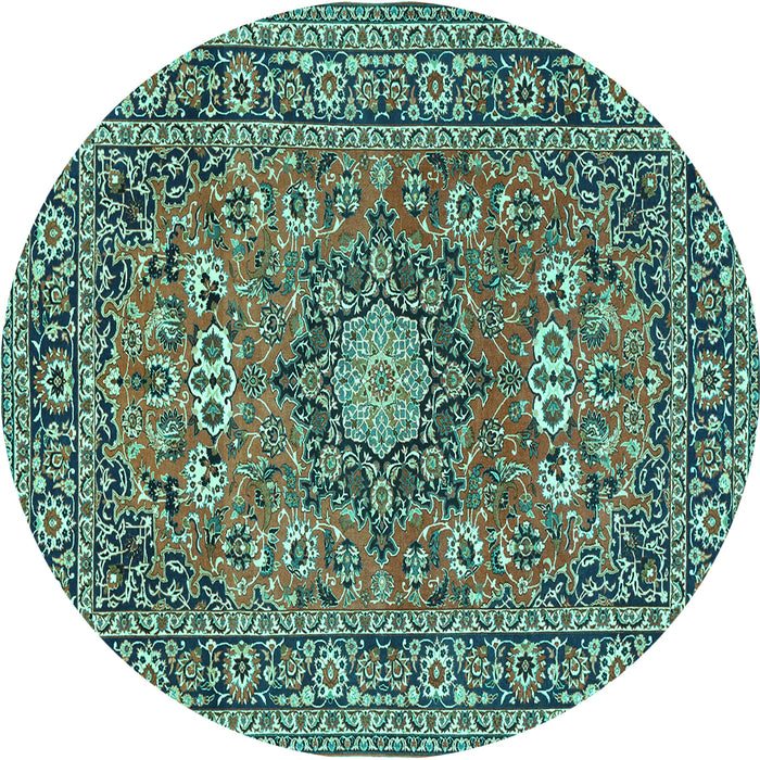 Round Machine Washable Medallion Turquoise Traditional Area Rugs, wshtr1083turq
