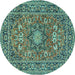 Round Machine Washable Medallion Turquoise Traditional Area Rugs, wshtr1083turq