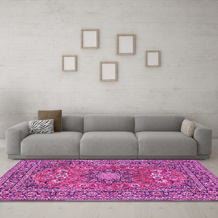 Machine Washable Medallion Pink Traditional Rug in a Living Room, wshtr1083pnk