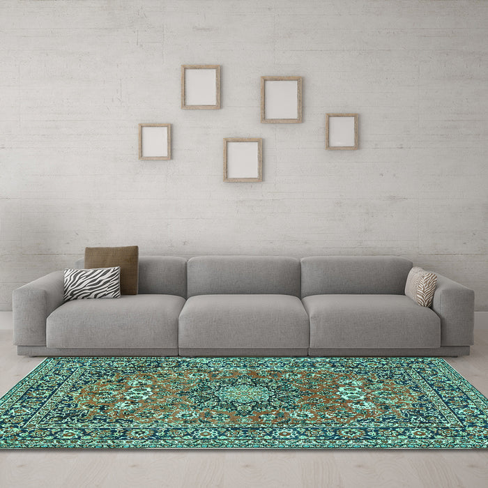 Machine Washable Medallion Turquoise Traditional Area Rugs in a Living Room,, wshtr1083turq