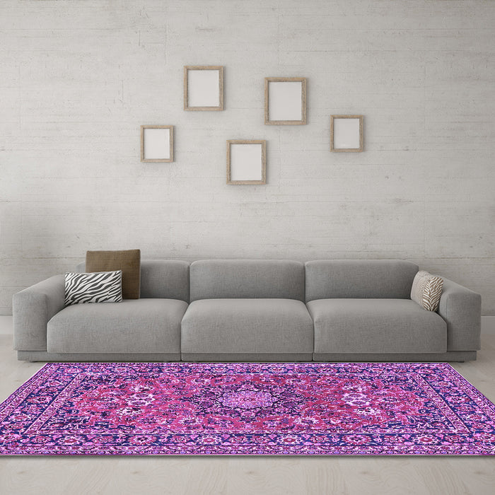 Machine Washable Medallion Purple Traditional Area Rugs in a Living Room, wshtr1083pur