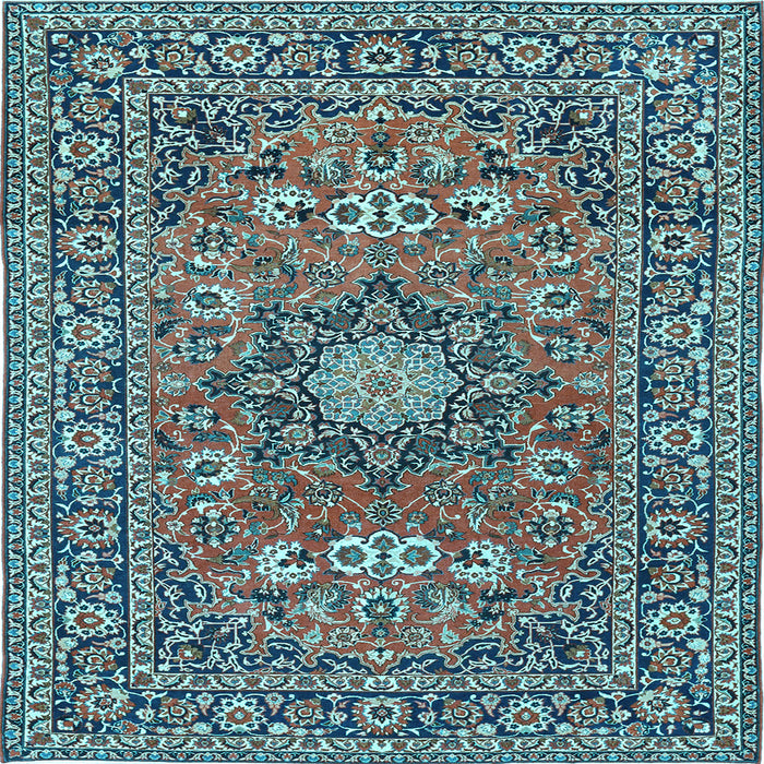 Square Machine Washable Medallion Light Blue Traditional Rug, wshtr1083lblu