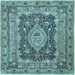 Square Machine Washable Medallion Light Blue Traditional Rug, wshtr1084lblu