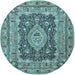 Round Machine Washable Medallion Light Blue Traditional Rug, wshtr1084lblu