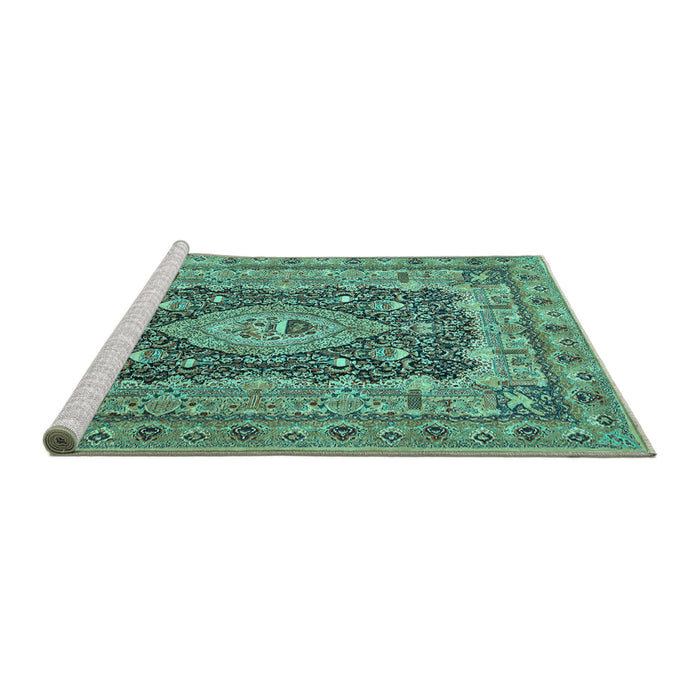 Sideview of Machine Washable Medallion Turquoise Traditional Area Rugs, wshtr1084turq