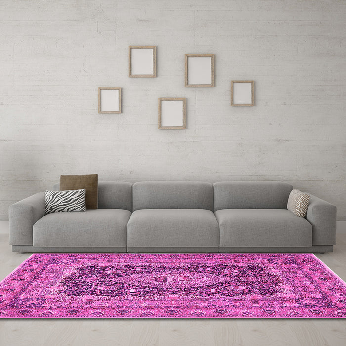 Machine Washable Medallion Pink Traditional Rug in a Living Room, wshtr1084pnk