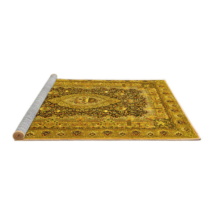 Sideview of Machine Washable Medallion Yellow Traditional Rug, wshtr1084yw
