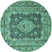 Round Machine Washable Medallion Turquoise Traditional Area Rugs, wshtr1084turq