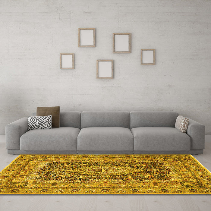 Machine Washable Medallion Yellow Traditional Rug in a Living Room, wshtr1084yw