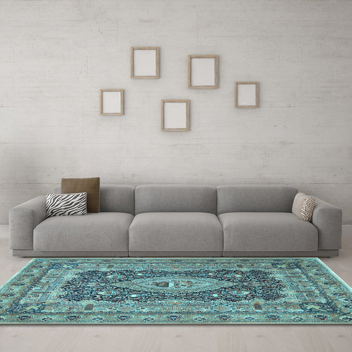 Machine Washable Medallion Light Blue Traditional Rug in a Living Room, wshtr1084lblu