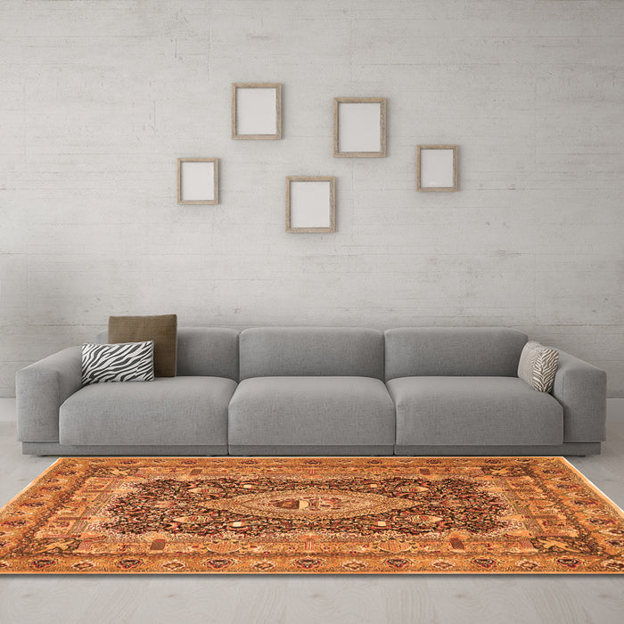 Machine Washable Medallion Orange Traditional Area Rugs in a Living Room, wshtr1084org