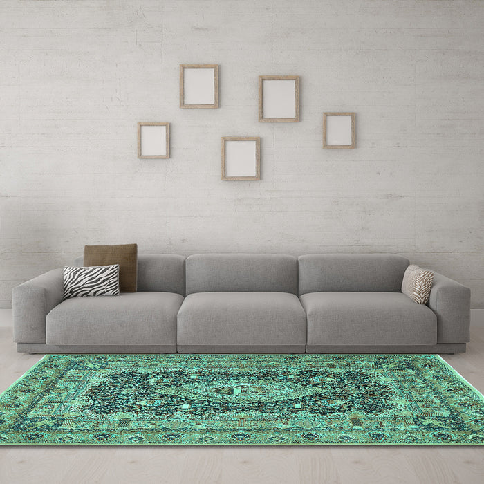 Machine Washable Medallion Turquoise Traditional Area Rugs in a Living Room,, wshtr1084turq