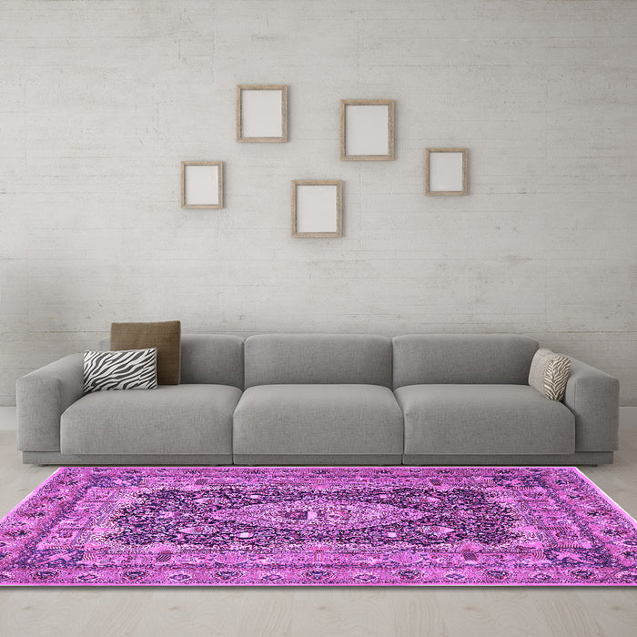 Machine Washable Medallion Purple Traditional Area Rugs in a Living Room, wshtr1084pur