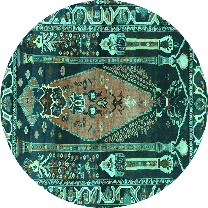 Round Machine Washable Medallion Turquoise Traditional Area Rugs, wshtr1085turq
