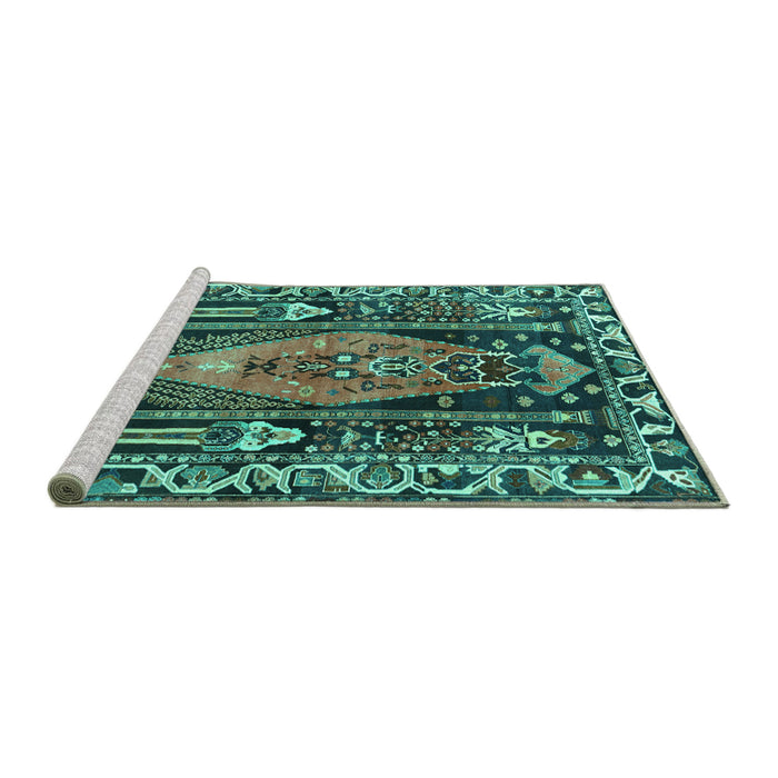 Sideview of Machine Washable Medallion Turquoise Traditional Area Rugs, wshtr1085turq