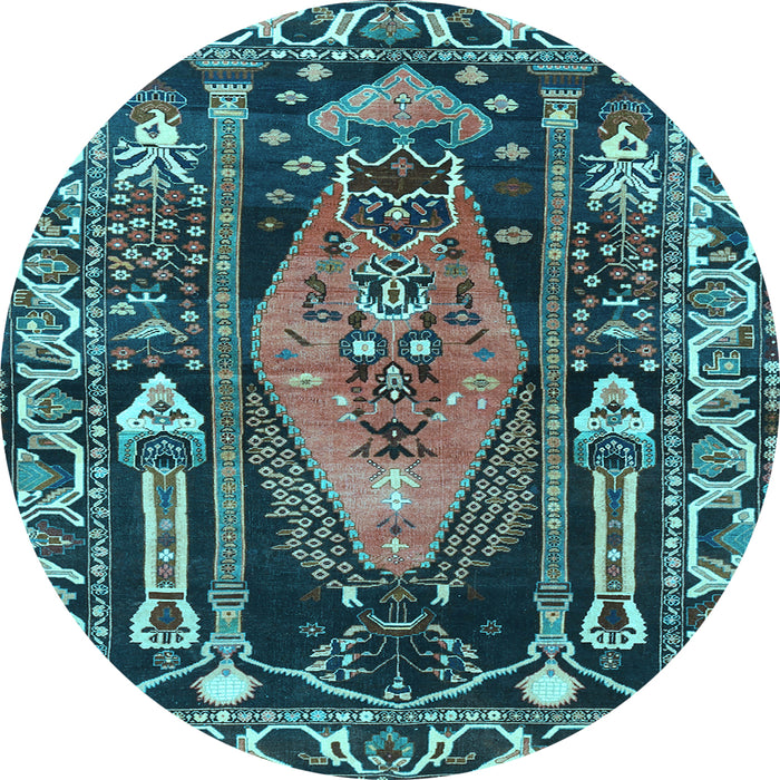 Round Machine Washable Medallion Light Blue Traditional Rug, wshtr1085lblu