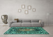 Machine Washable Medallion Turquoise Traditional Area Rugs in a Living Room,, wshtr1085turq