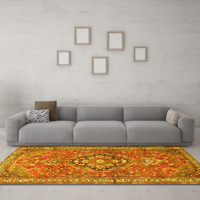 Machine Washable Persian Yellow Traditional Rug in a Living Room, wshtr1086yw