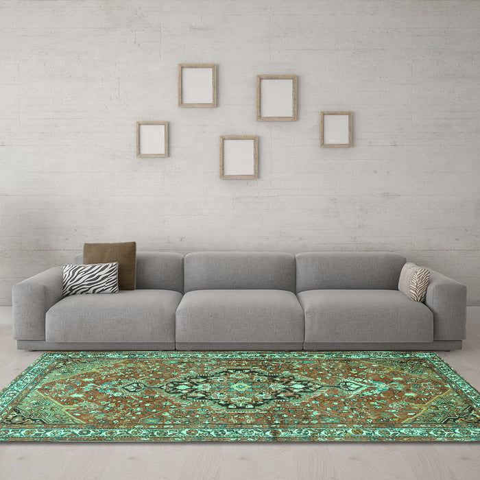 Machine Washable Persian Turquoise Traditional Area Rugs in a Living Room,, wshtr1086turq