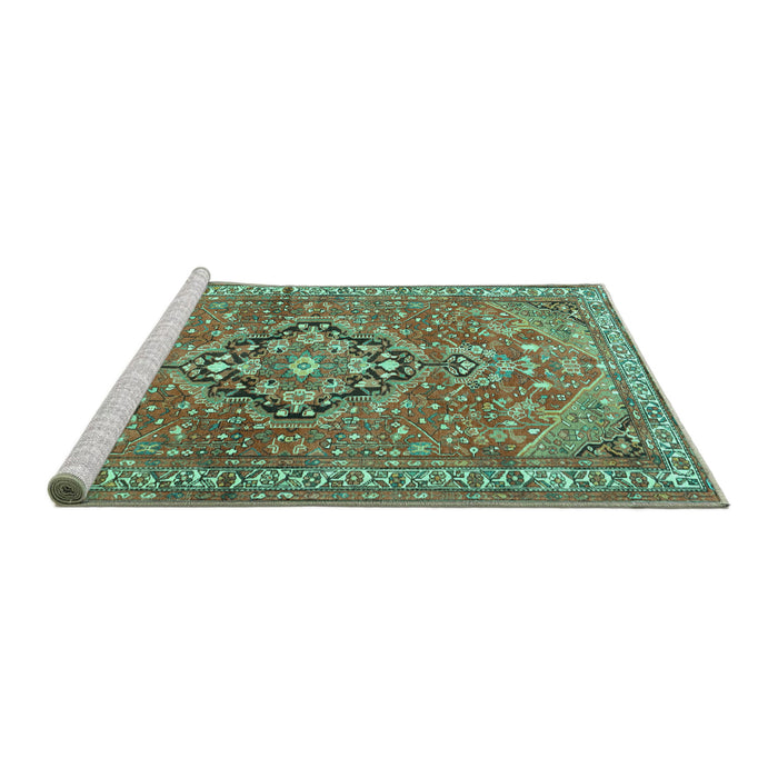 Sideview of Machine Washable Persian Turquoise Traditional Area Rugs, wshtr1086turq