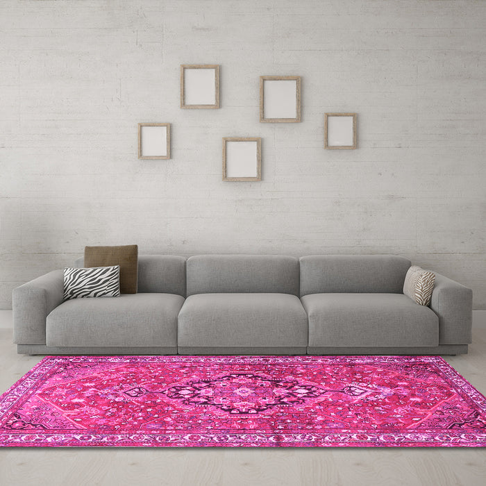 Machine Washable Persian Pink Traditional Rug in a Living Room, wshtr1086pnk
