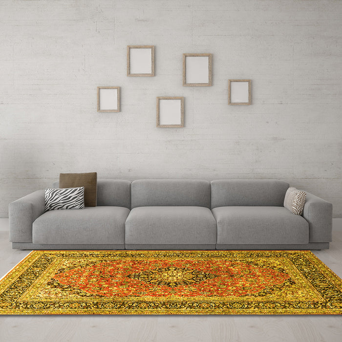 Machine Washable Persian Yellow Traditional Rug in a Living Room, wshtr1087yw