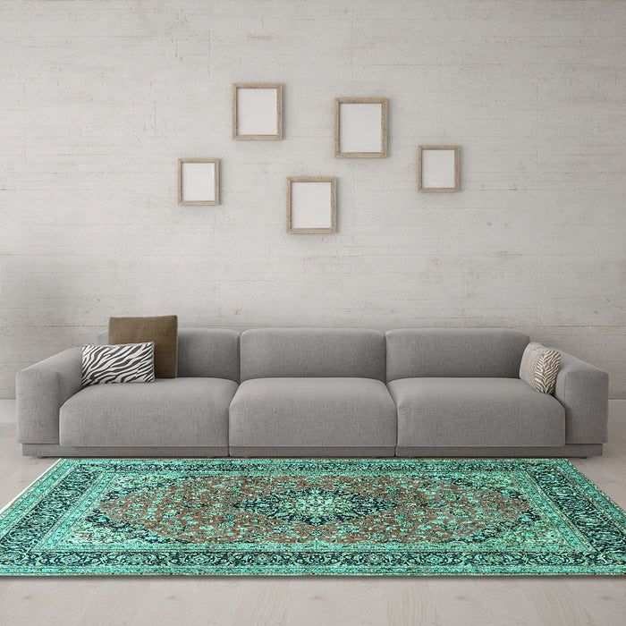 Machine Washable Persian Turquoise Traditional Area Rugs in a Living Room,, wshtr1087turq