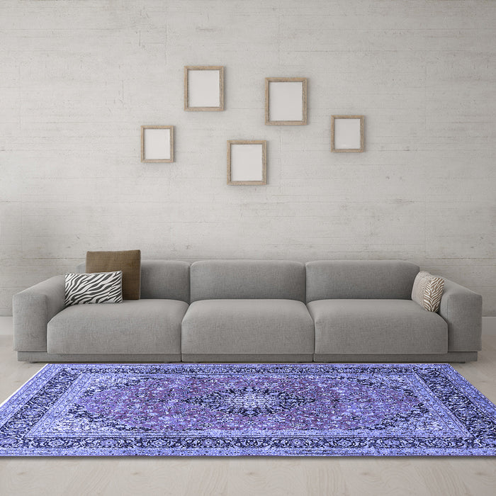 Machine Washable Persian Blue Traditional Rug in a Living Room, wshtr1087blu