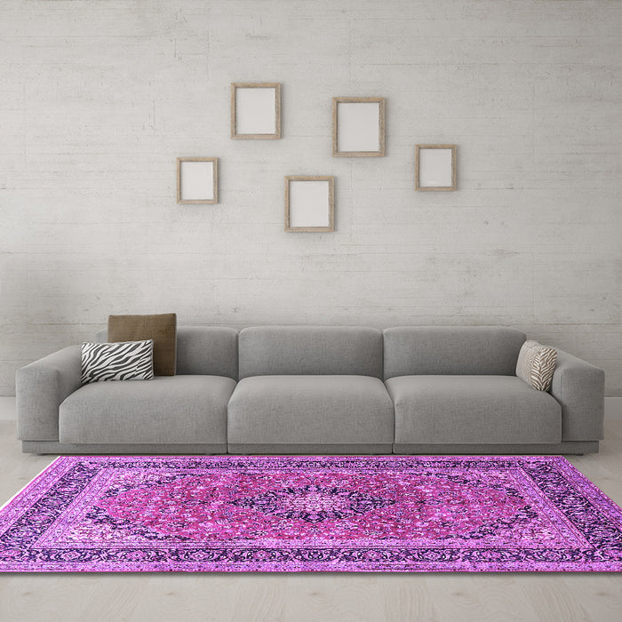 Machine Washable Persian Purple Traditional Area Rugs in a Living Room, wshtr1087pur