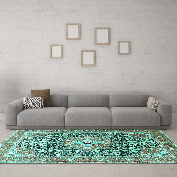 Machine Washable Persian Turquoise Traditional Area Rugs in a Living Room,, wshtr1088turq