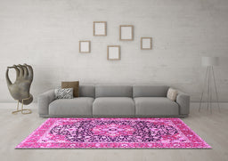Machine Washable Persian Pink Traditional Rug in a Living Room, wshtr1088pnk