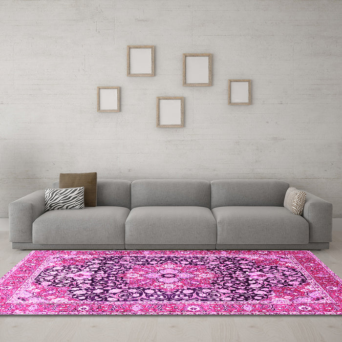 Machine Washable Persian Pink Traditional Rug in a Living Room, wshtr1088pnk