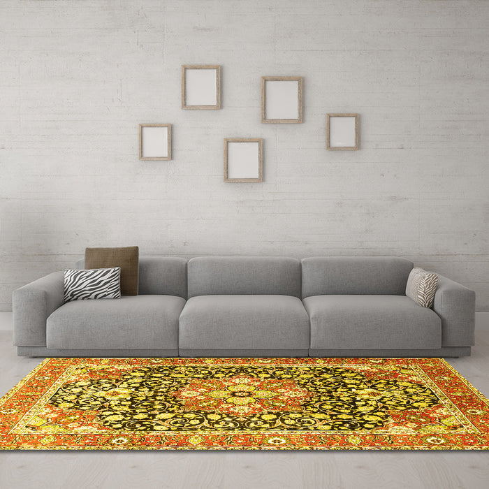 Machine Washable Persian Yellow Traditional Rug in a Living Room, wshtr1088yw
